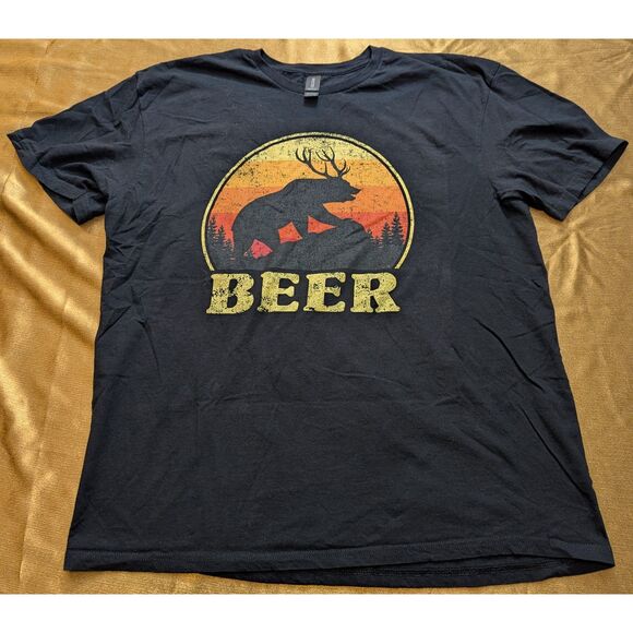 Beer Bear Deer Antlers Graphic T-Shirt Funny Novelty Black XL Gildan - Picture 1 of 5